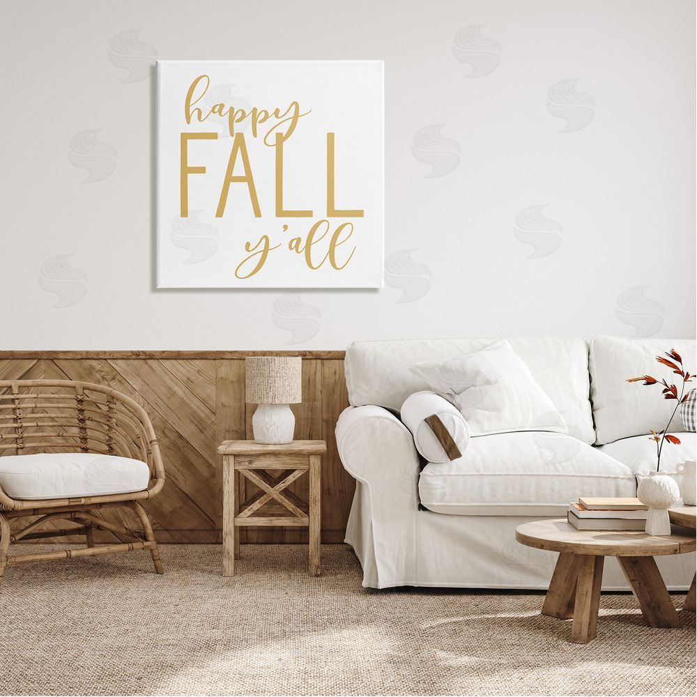 Lettered and Lined Happy Fall Y'all Casual Yellow Seasonal Typography  Canvas Wall Art in Room
