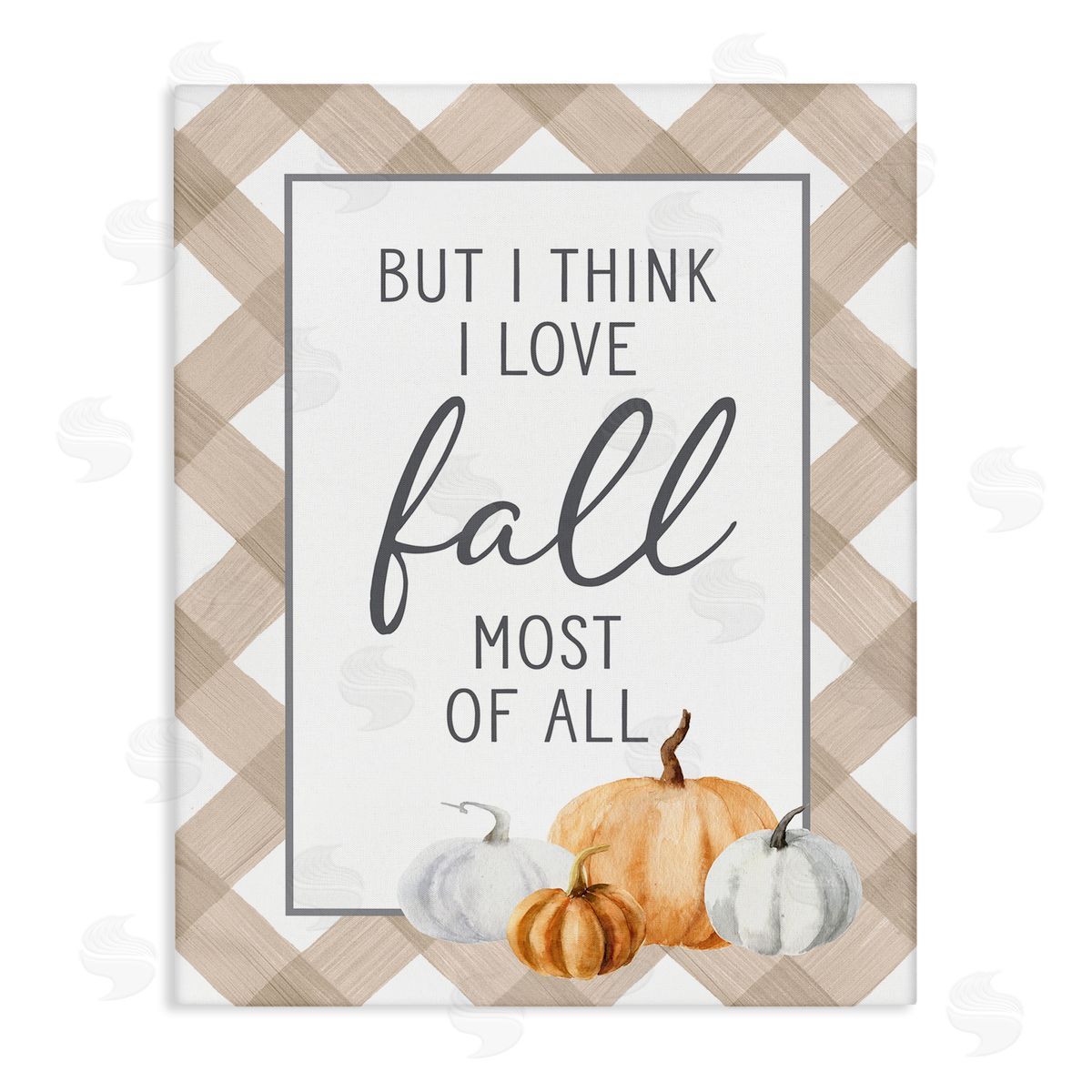 Lettered and Lined Love Fall Most Of All Autumn Pumpkins Plaid  Stretched Canvas Wall Art Print