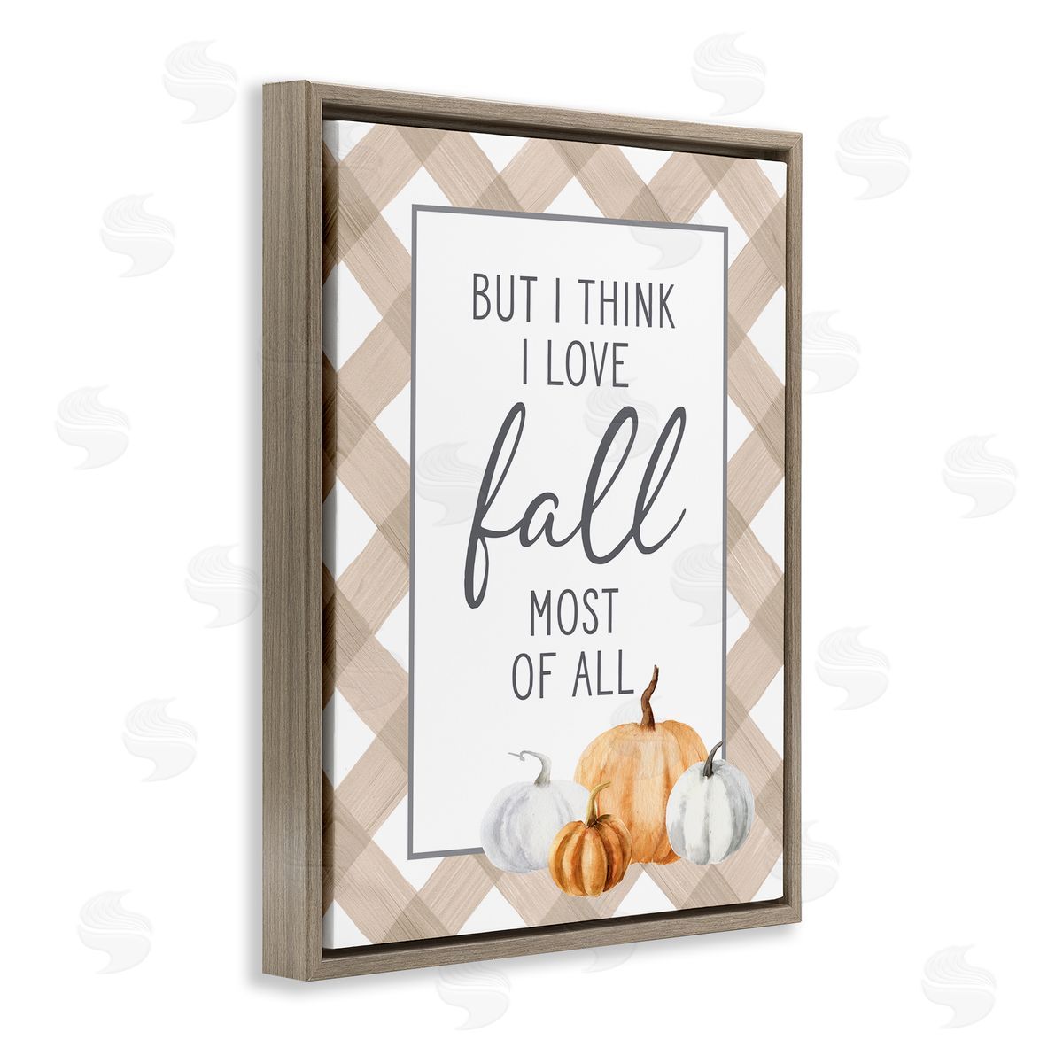 Lettered and Lined Love Fall Most Of All Autumn Pumpkins Plaid  Brown Floating Frame Canvas Wall Art Print