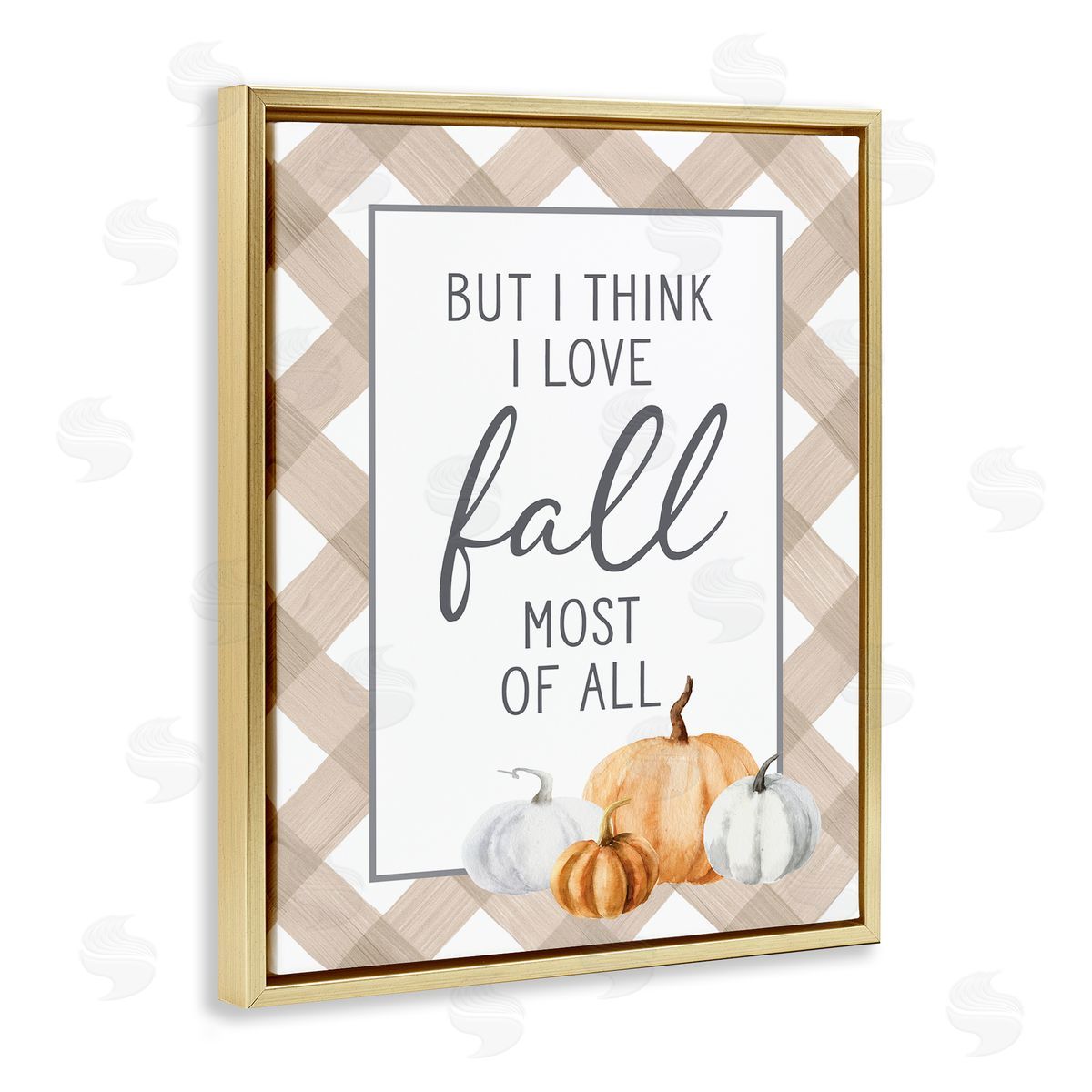Lettered and Lined Love Fall Most Of All Autumn Pumpkins Plaid  Gold Floating Frame Canvas Wall Art Print
