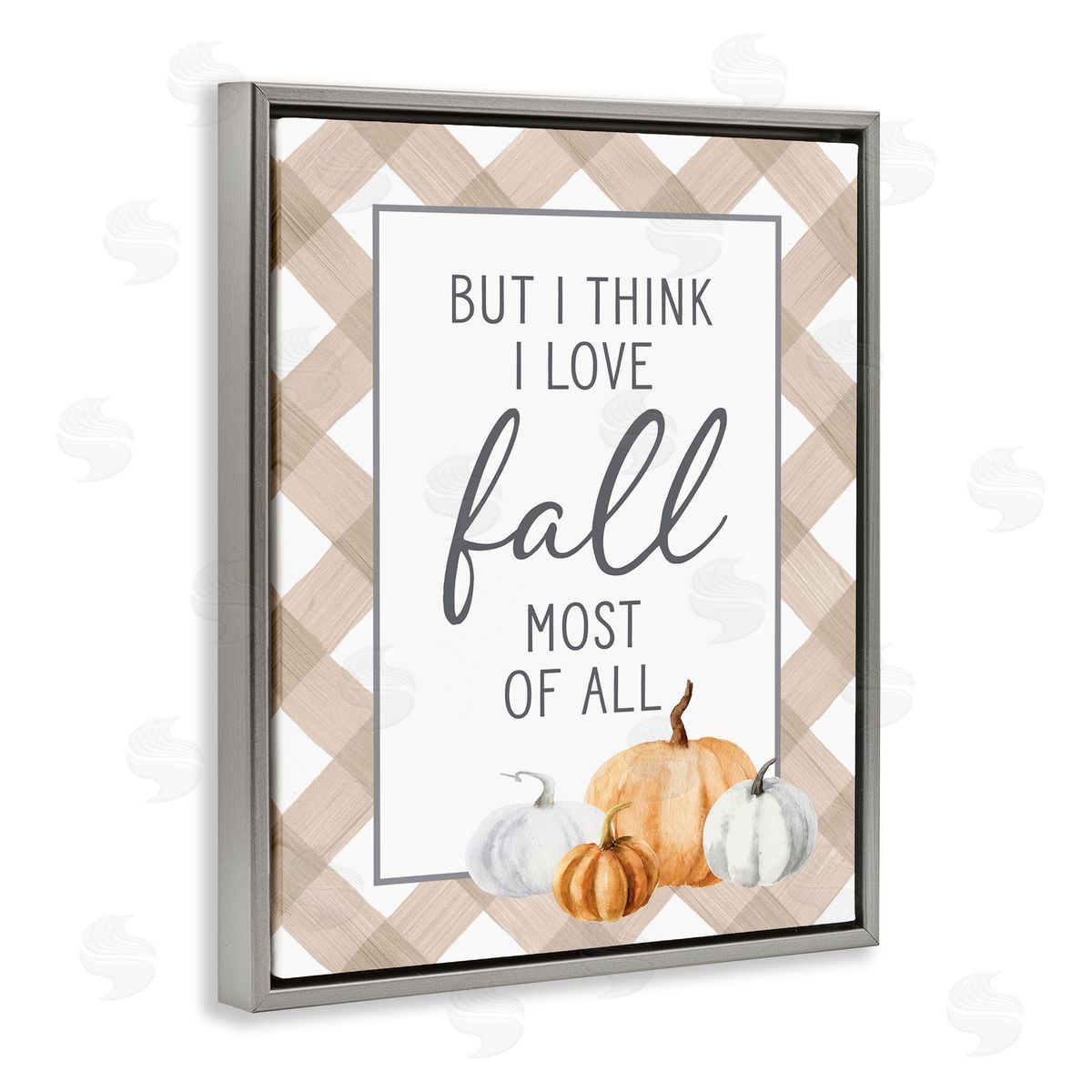 Lettered and Lined Love Fall Most Of All Autumn Pumpkins Plaid  Gray Floating Frame Canvas Wall Art Print