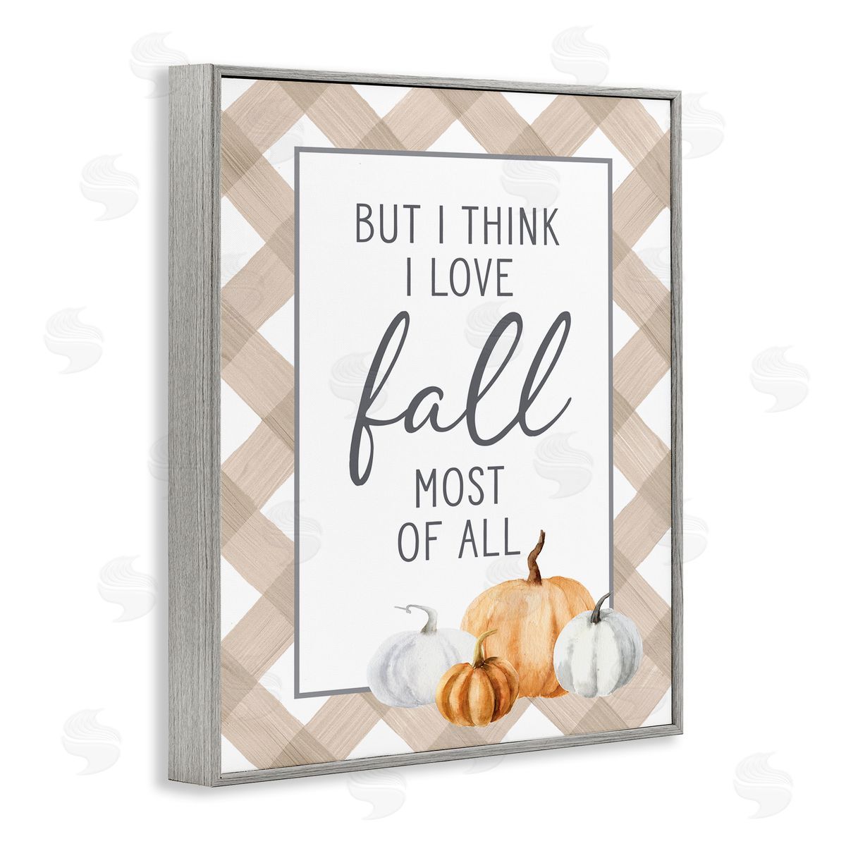 Lettered and Lined Love Fall Most Of All Autumn Pumpkins Plaid  Gray Framed Giclee Wall Art Print