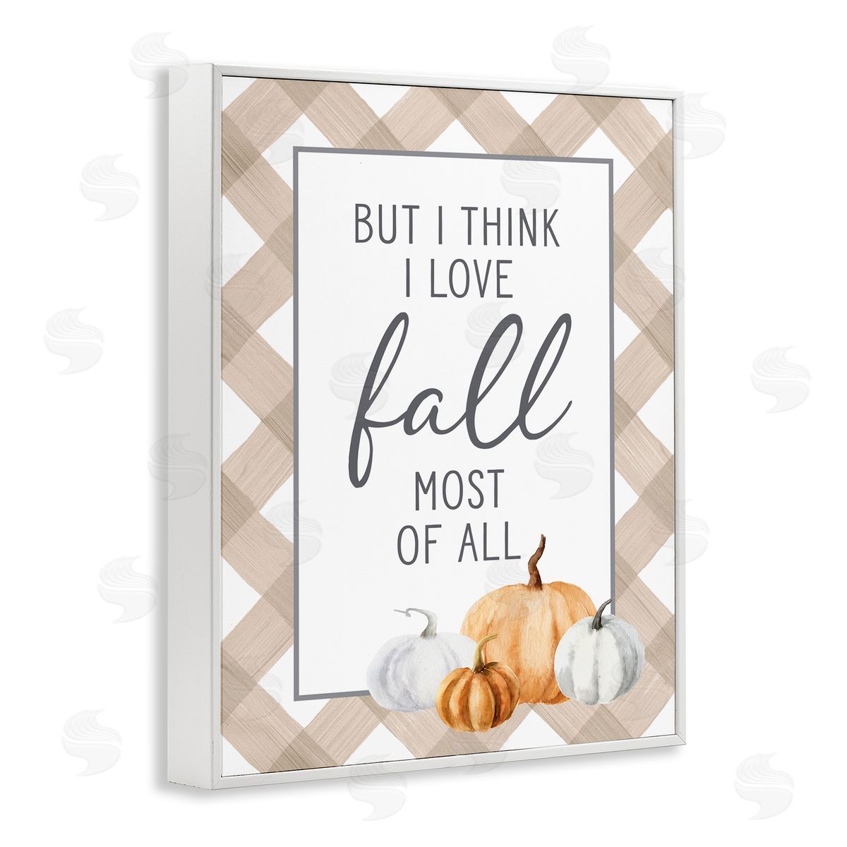Lettered and Lined Love Fall Most Of All Autumn Pumpkins Plaid  White Framed Giclee Wall Art Print