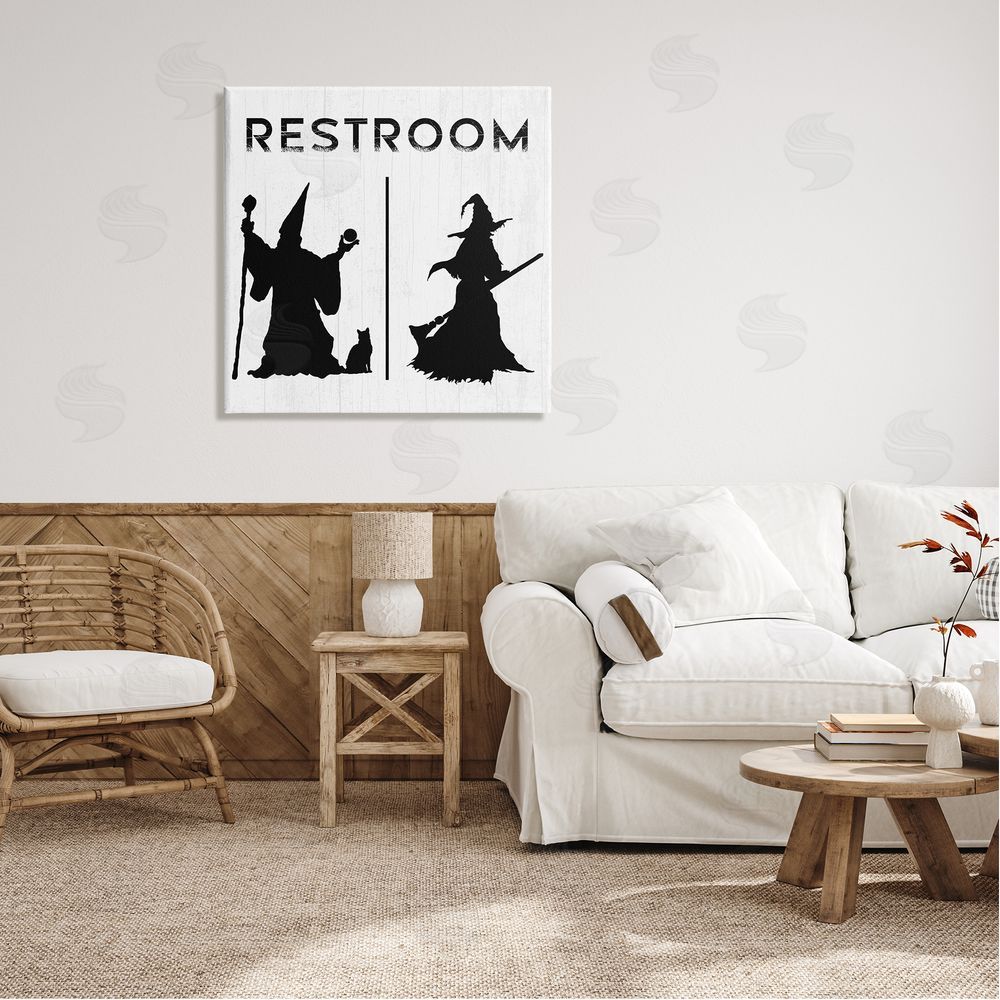 Stupell Studio Rustic Witch & Wizard Halloween Restroom Sign  Canvas Wall Art in Room