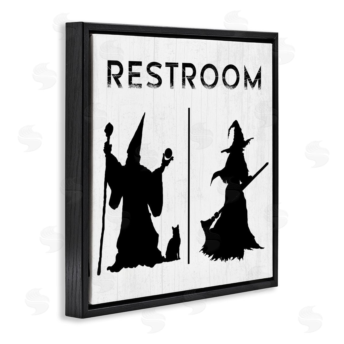 Stupell Studio Rustic Witch & Wizard Halloween Restroom Sign  Black Floating Frame Canvas Wall Art Print