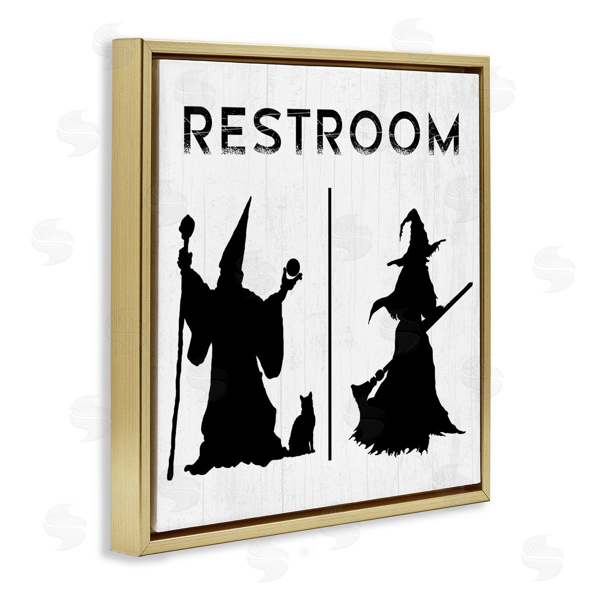 Stupell Studio Rustic Witch & Wizard Halloween Restroom Sign  Gold Floating Frame Canvas Wall Art Print