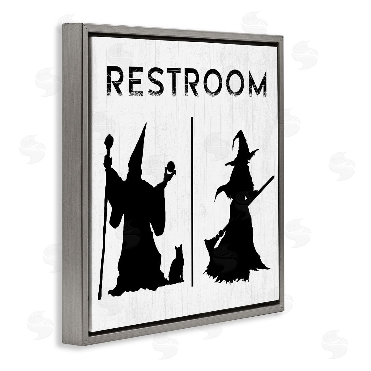 Stupell Studio Rustic Witch & Wizard Halloween Restroom Sign  Gray Floating Frame Canvas Wall Art Print