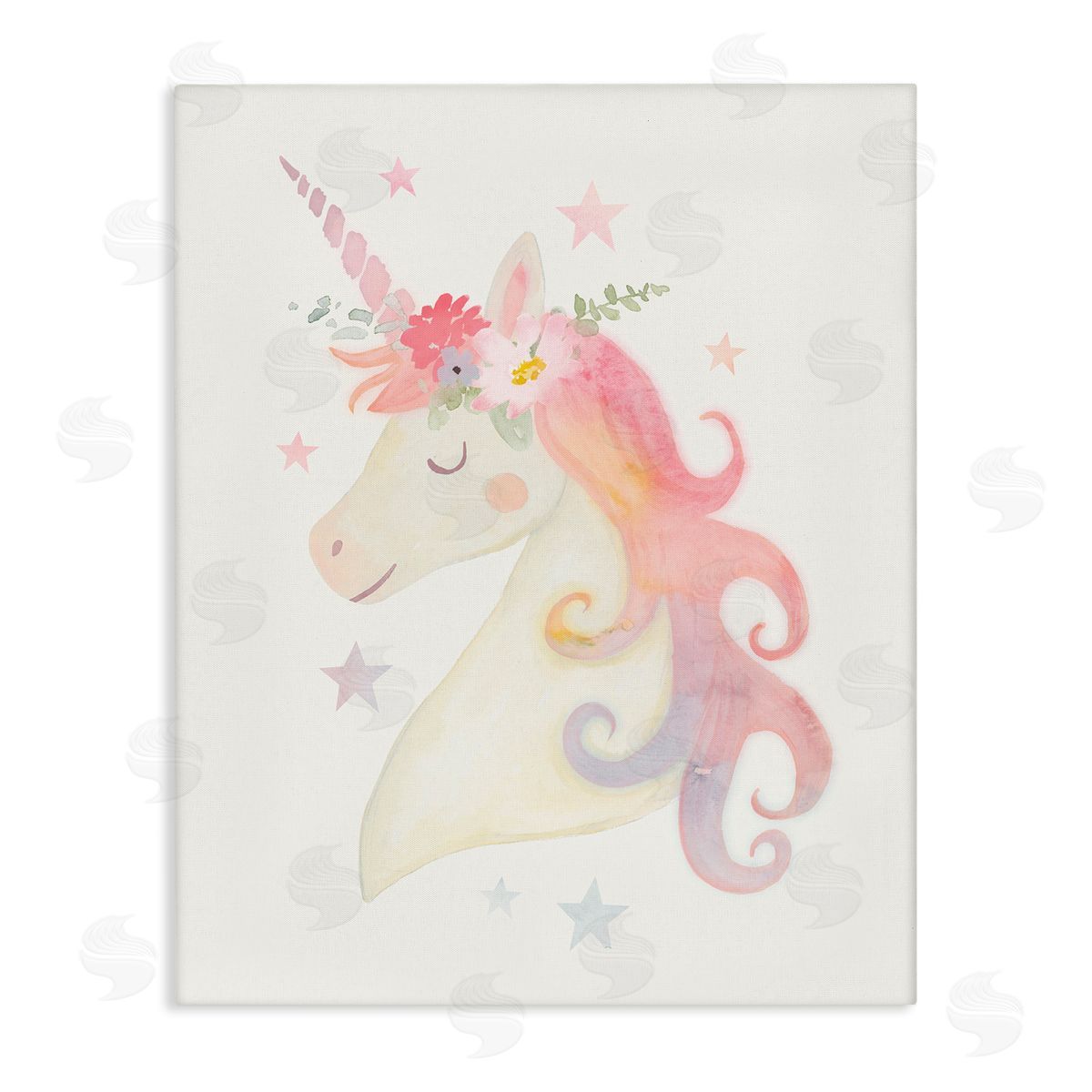 Victoria Barnes Charming Unicorn Smiling Flower Crown Stars Stretched Canvas Wall Art Print