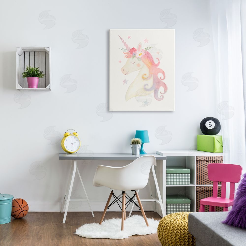 Victoria Barnes Charming Unicorn Smiling Flower Crown Stars Canvas Wall Art Print in Room