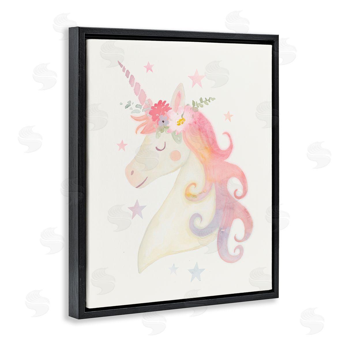 Victoria Barnes Charming Unicorn Smiling Flower Crown Stars Black Floating Frame Canvas Wall Art Print