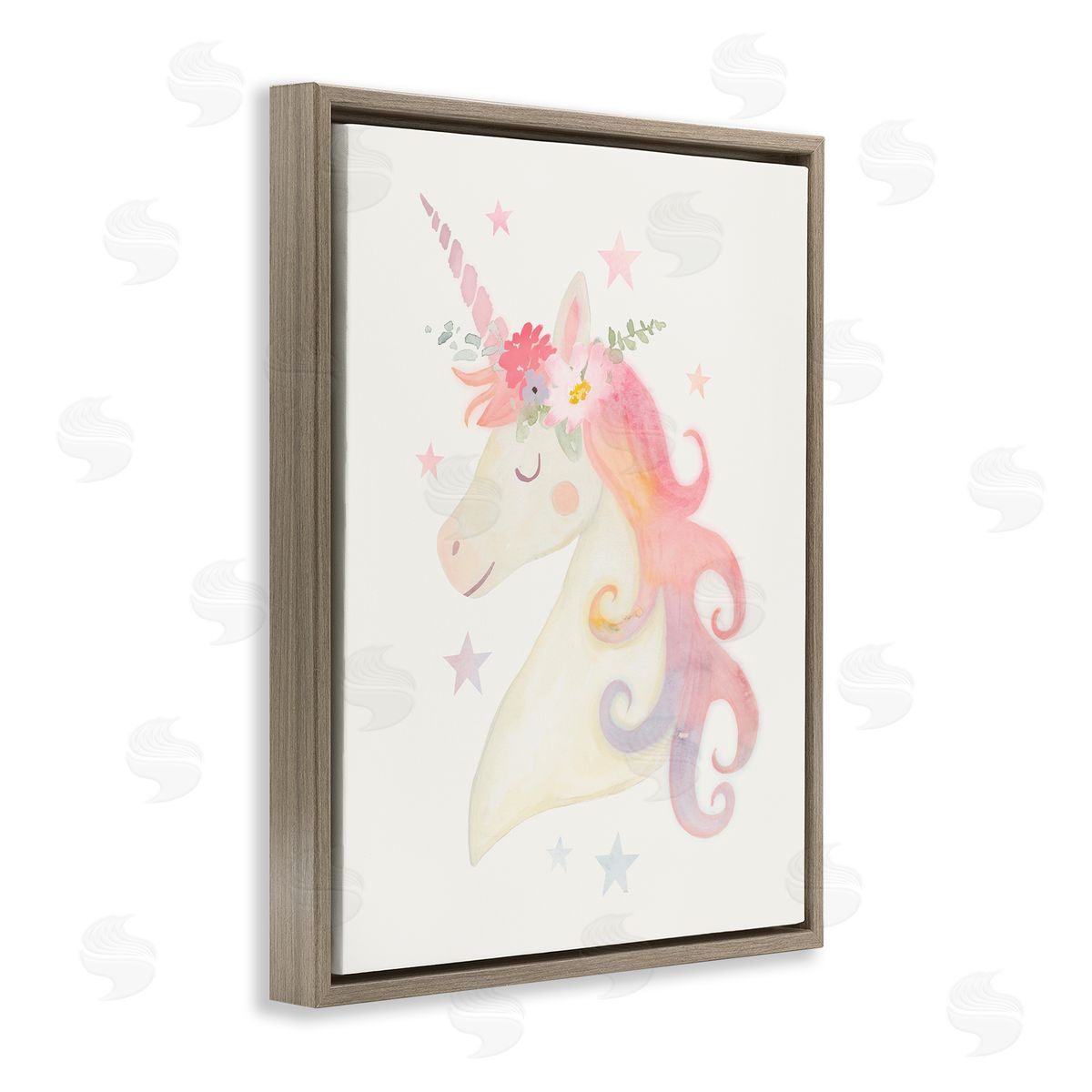 Victoria Barnes Charming Unicorn Smiling Flower Crown Stars Brown Floating Frame Canvas Wall Art Print