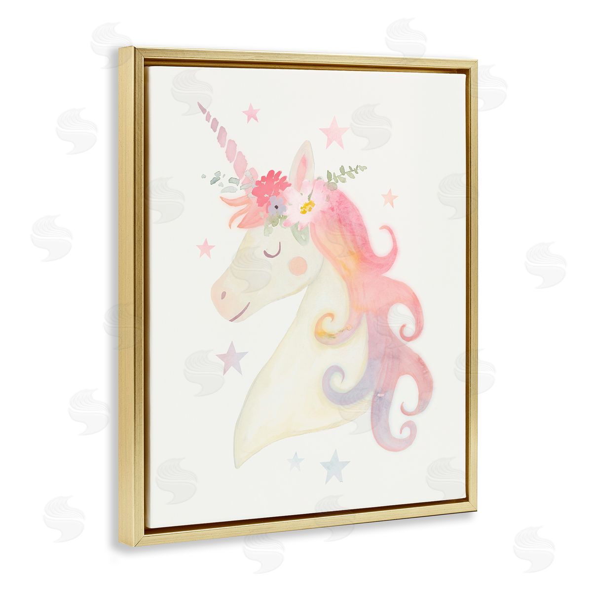 Victoria Barnes Charming Unicorn Smiling Flower Crown Stars Gold Floating Frame Canvas Wall Art Print