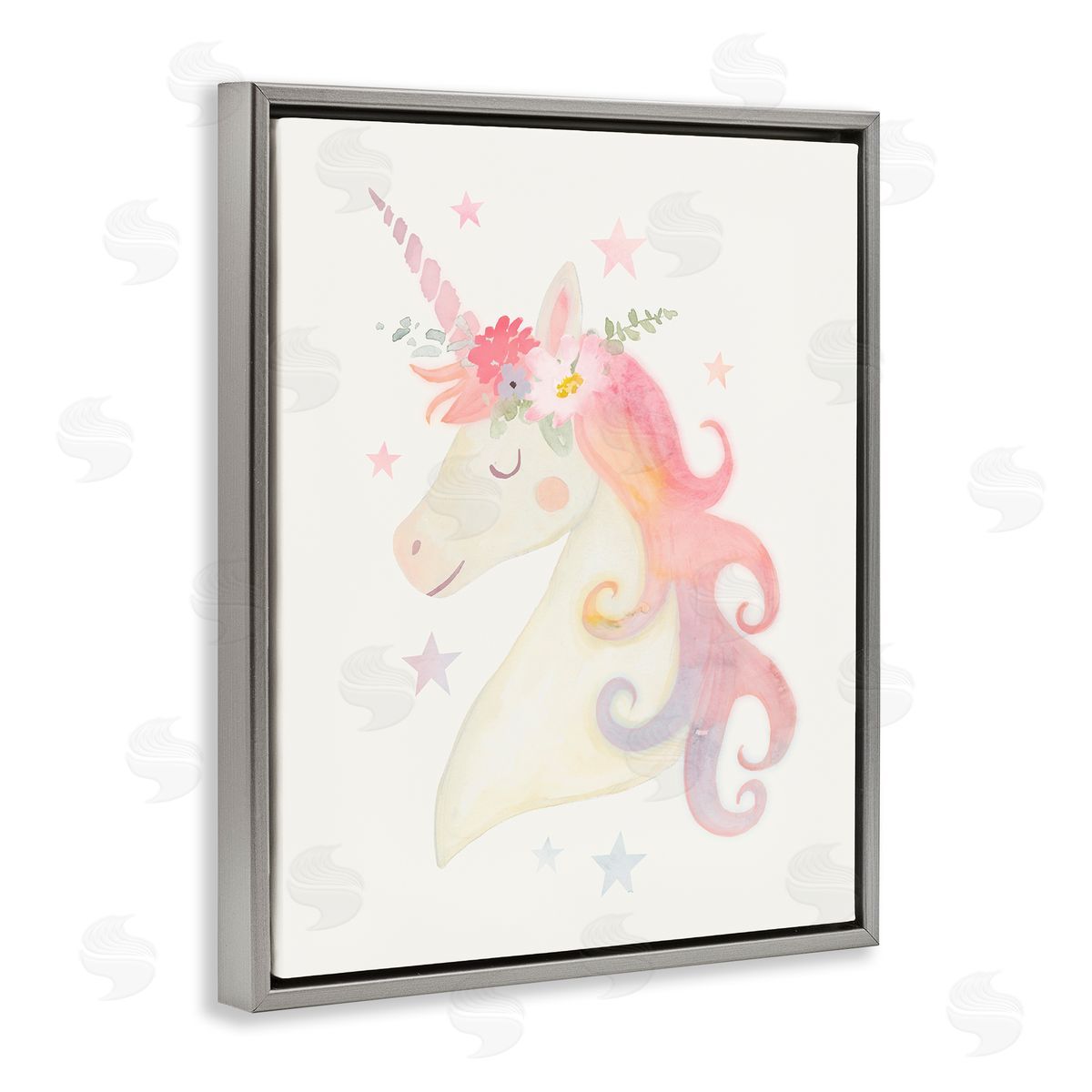 Victoria Barnes Charming Unicorn Smiling Flower Crown Stars Gray Floating Frame Canvas Wall Art Print