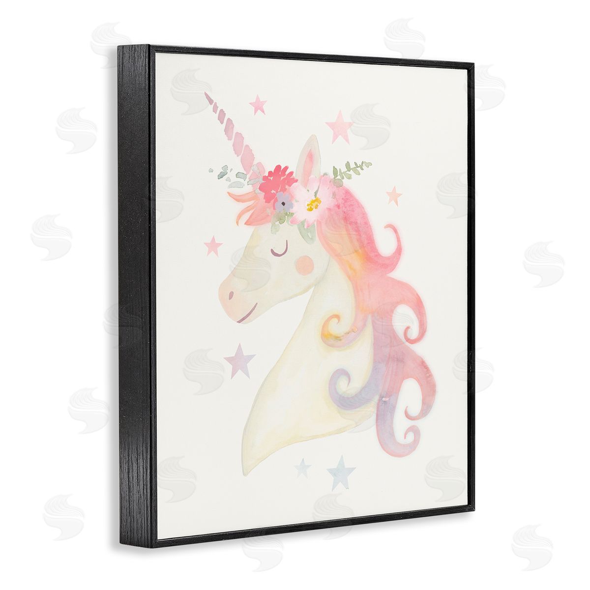 Victoria Barnes Charming Unicorn Smiling Flower Crown Stars Black Framed Giclee Wall Art Print