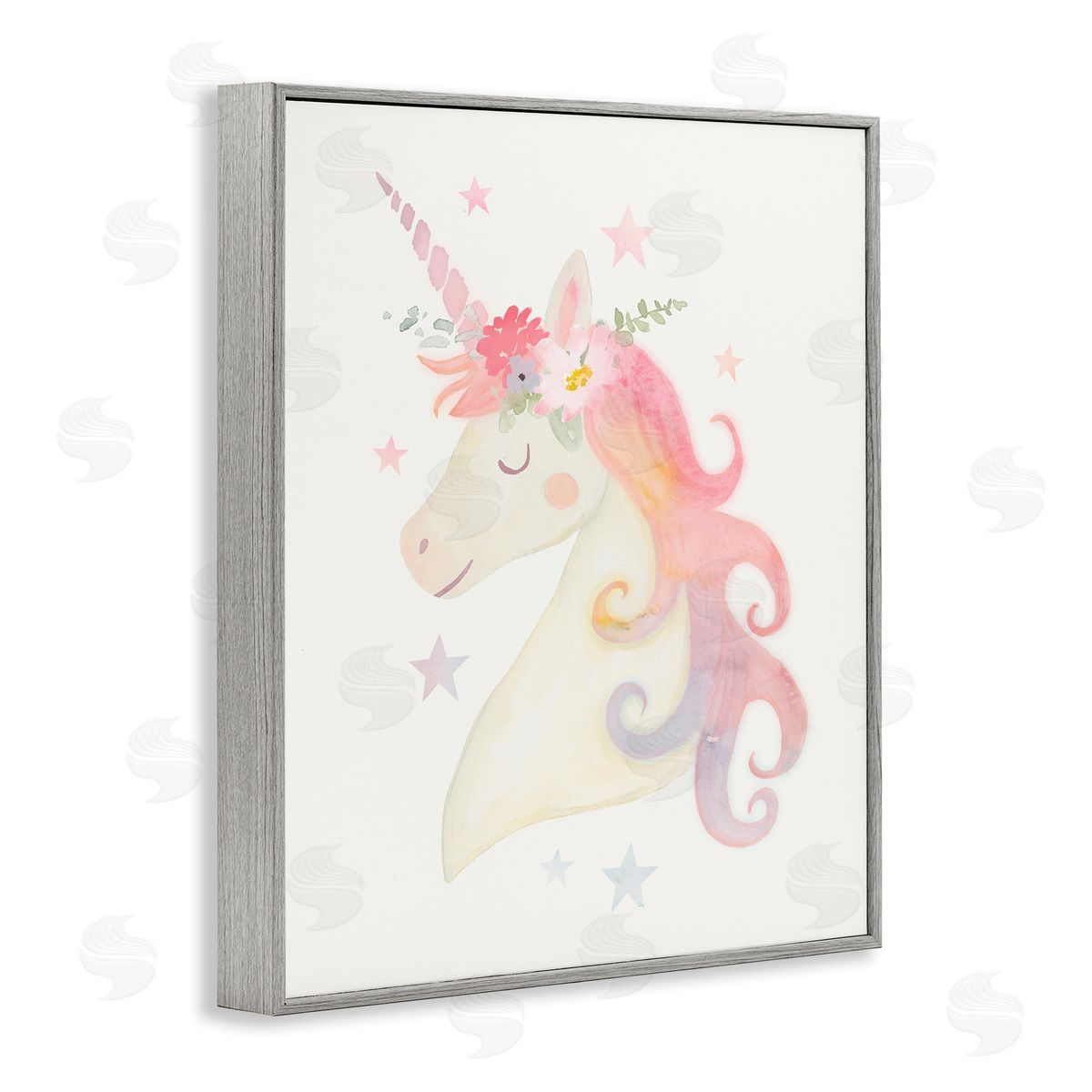 Victoria Barnes Charming Unicorn Smiling Flower Crown Stars Gray Framed Giclee Wall Art Print