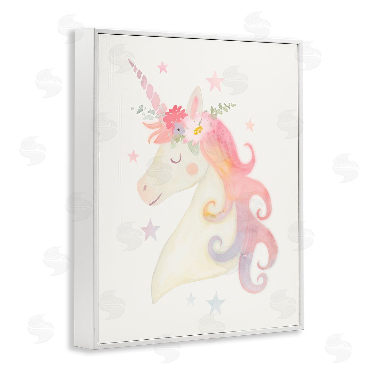 Victoria Barnes Charming Unicorn Smiling Flower Crown Stars White Framed Giclee Wall Art Print
