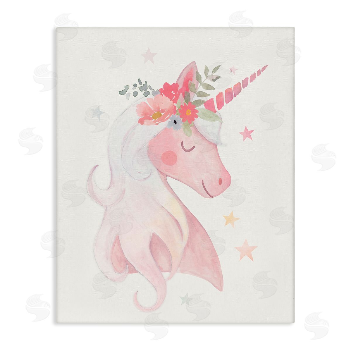 Victoria Barnes Pastel Smiling Unicorn Pink Flower Blossom Crown Stretched Canvas Wall Art Print