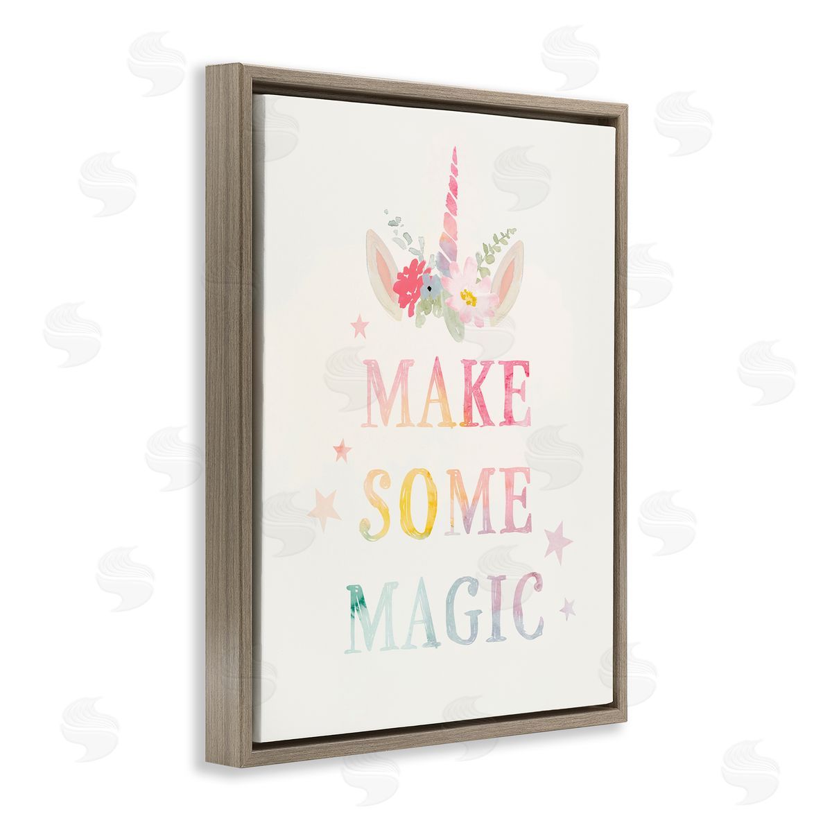Victoria Barnes Make Some Magic Unicorn Horn Flower Blossoms Brown Floating Frame Canvas Wall Art Print