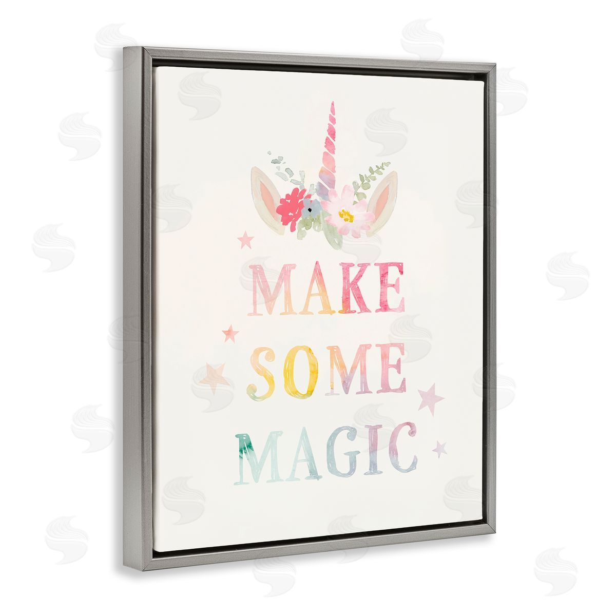 Victoria Barnes Make Some Magic Unicorn Horn Flower Blossoms Gray Floating Frame Canvas Wall Art Print
