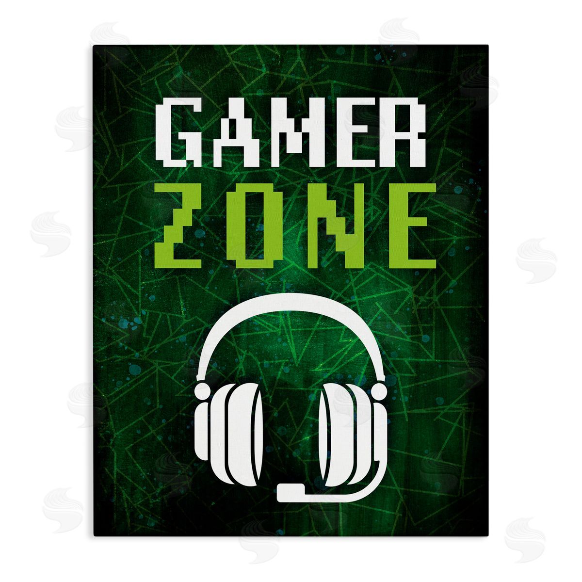 Victoria Barnes Gamer Zone Headset Geometric Pattern Pixel Text Stretched Canvas Wall Art Print