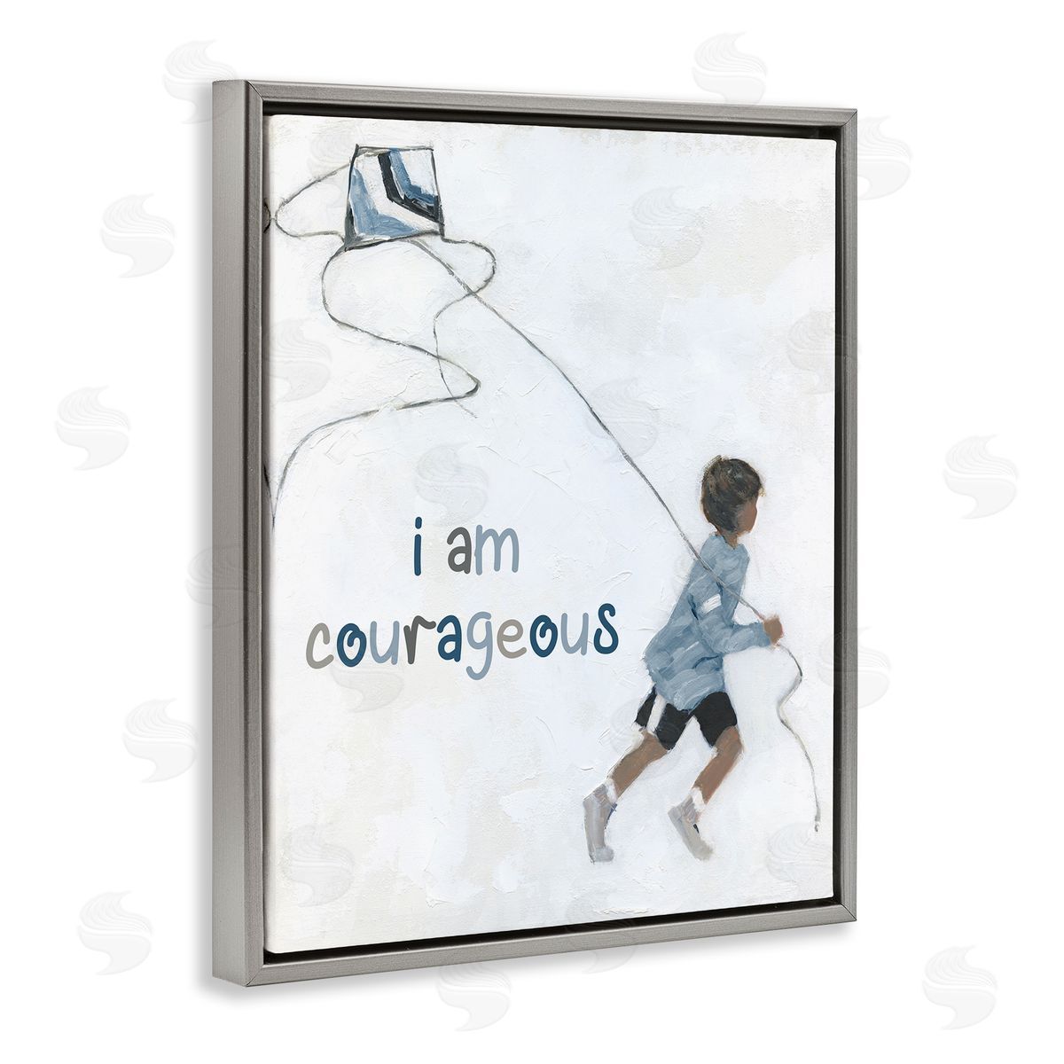 Sally Swatland I Am Courageous Child Flying Kite Uplifting Phrase Gray Floating Frame Canvas Wall Art Print
