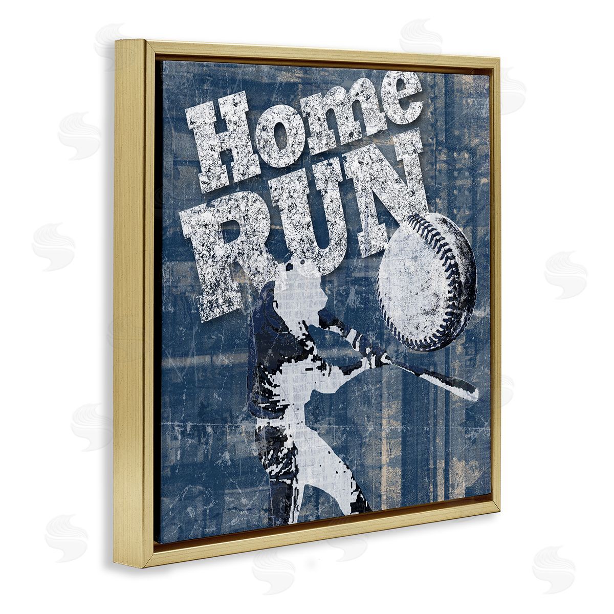 Katrina Craven Vintage Home Run Weathered Baseball Sports Sign Gold Floating Frame Canvas Wall Art Print
