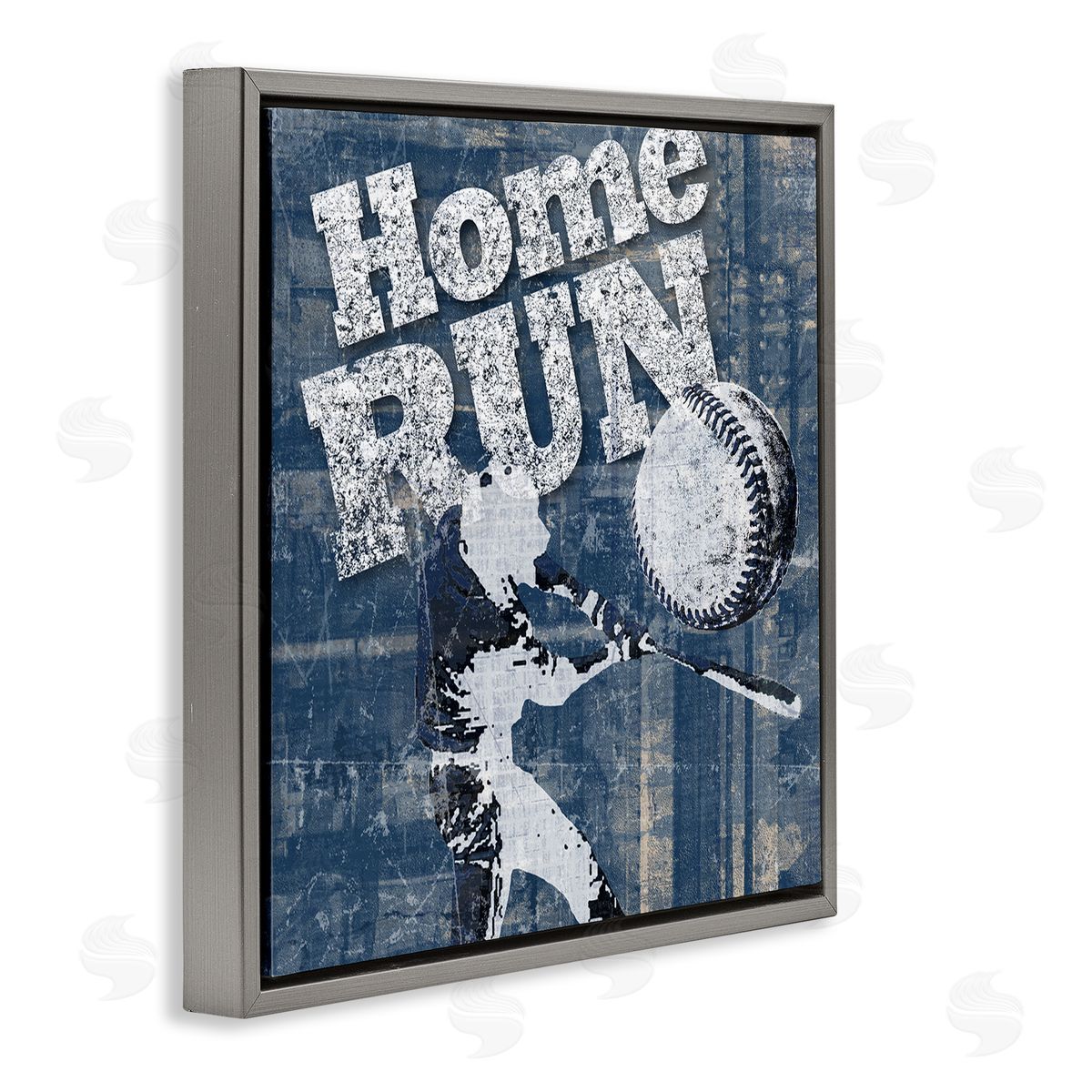 Katrina Craven Vintage Home Run Weathered Baseball Sports Sign Gray Floating Frame Canvas Wall Art Print