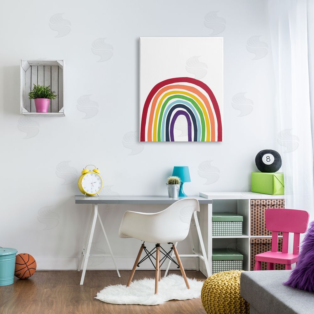 Bronwyn Baker Whimsical Asymmetrical Rainbow Stripes Modern Kids Canvas Wall Art Print in Room