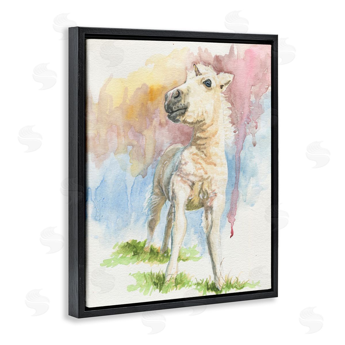 Jennifer Redstreake Stoic Fantasy Unicorn Pastel Dripping Watercolor Detail  Black Floating Frame Canvas Wall Art Print