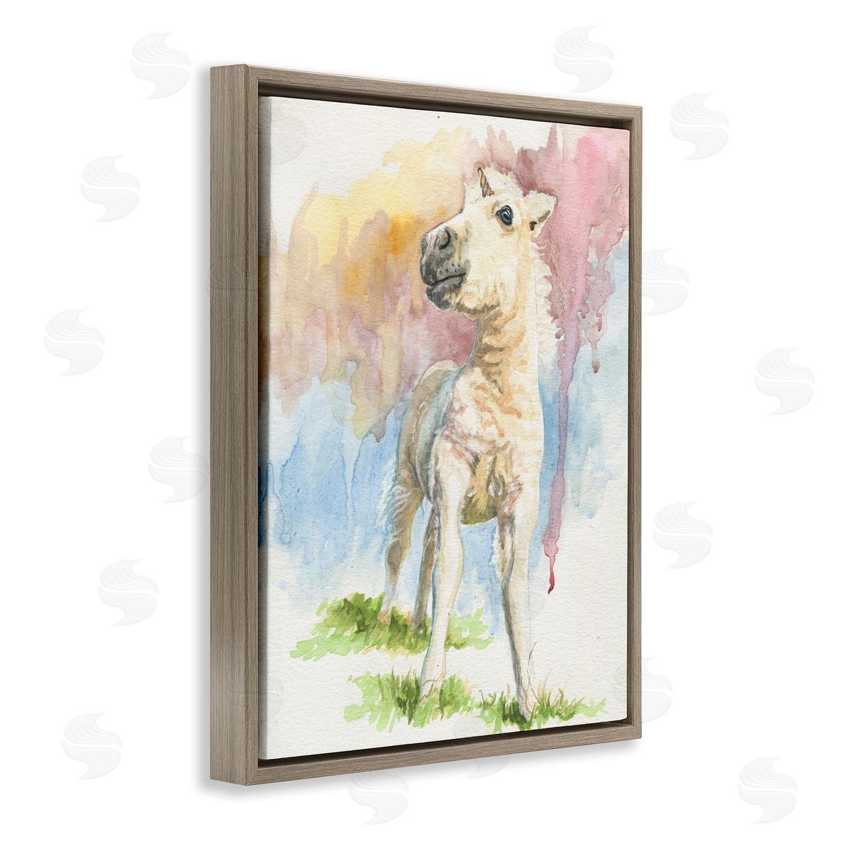 Jennifer Redstreake Stoic Fantasy Unicorn Pastel Dripping Watercolor Detail  Brown Floating Frame Canvas Wall Art Print