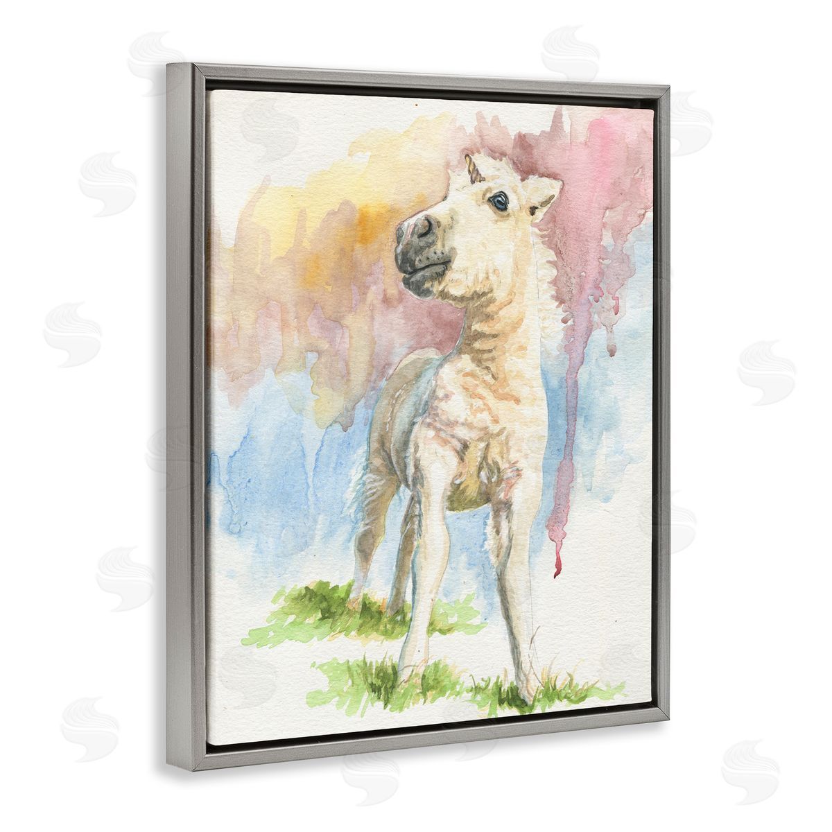 Jennifer Redstreake Stoic Fantasy Unicorn Pastel Dripping Watercolor Detail  Gray Floating Frame Canvas Wall Art Print