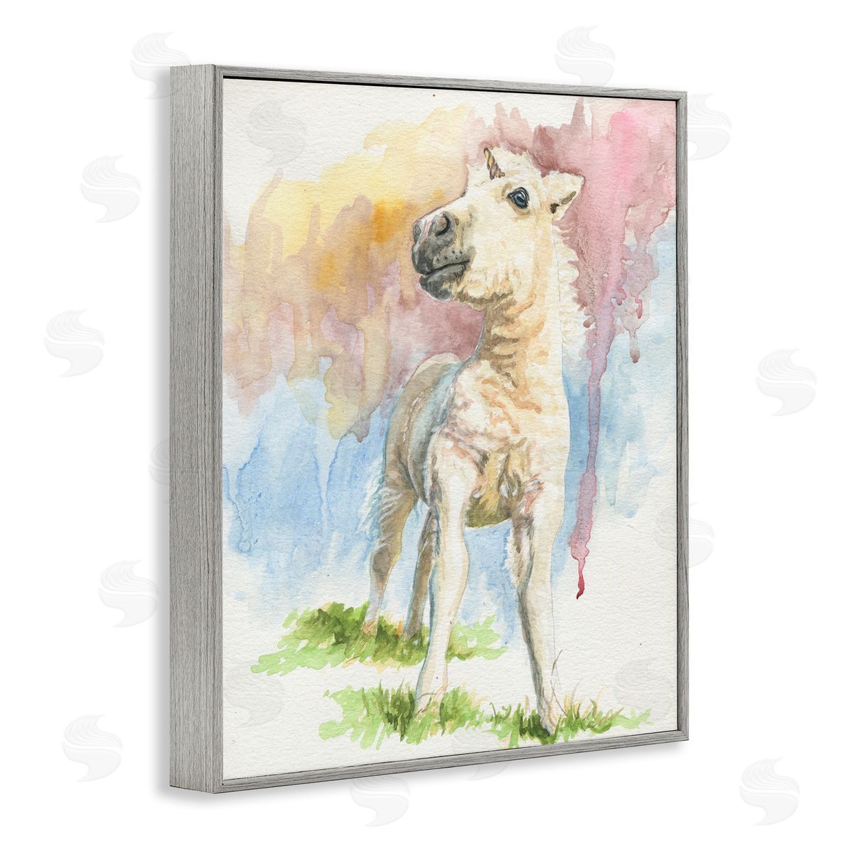 Jennifer Redstreake Stoic Fantasy Unicorn Pastel Dripping Watercolor Detail  Gray Framed Giclee Wall Art Print