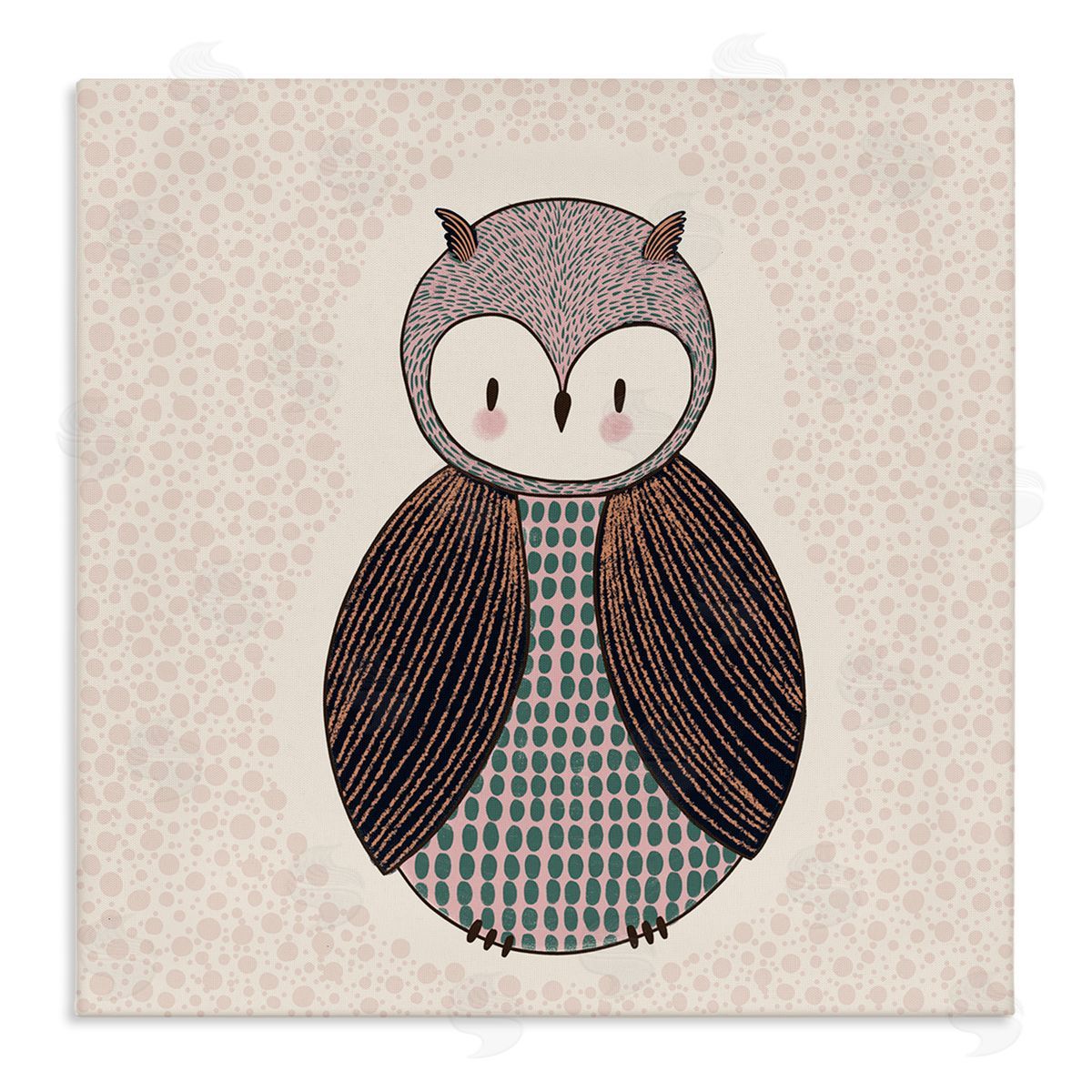 Birgit Maria Kiennast Mixed Patterned Owl Bird Whimsical Spotted Shapes  Stretched Canvas Wall Art Print
