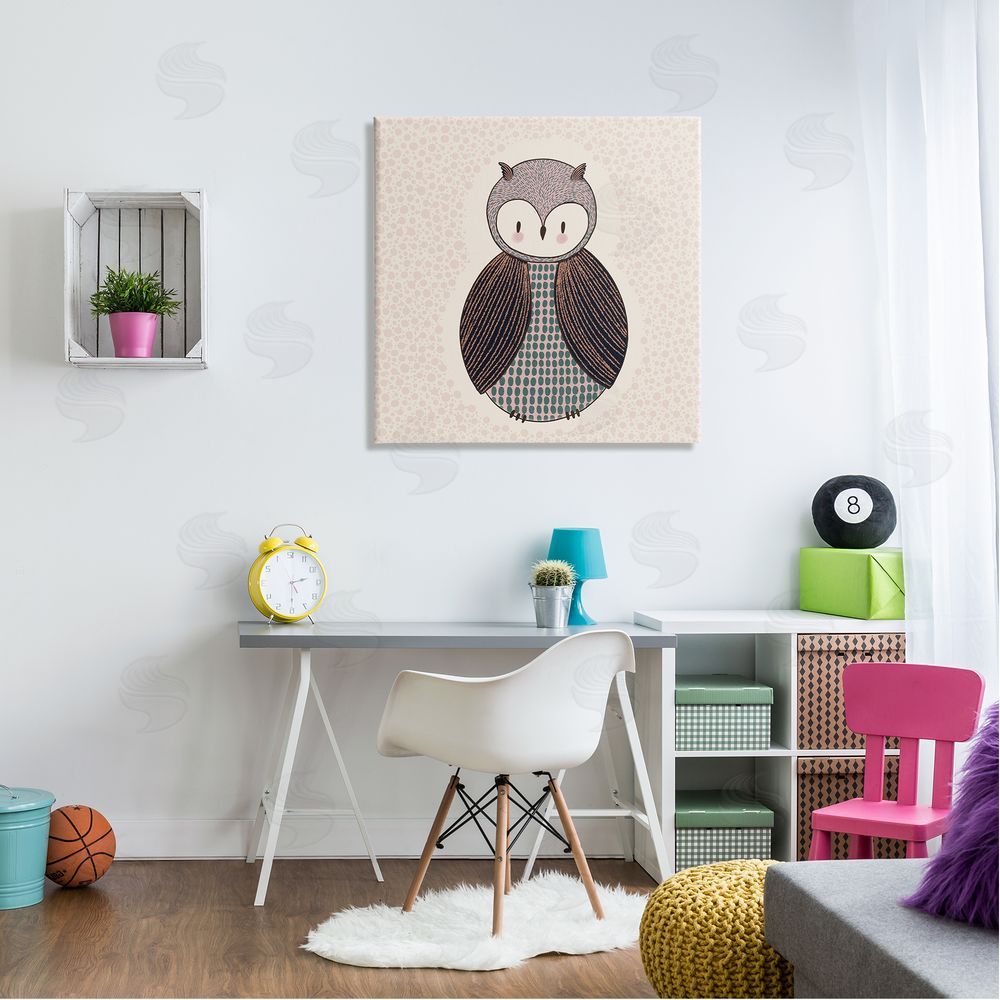 Birgit Maria Kiennast Mixed Patterned Owl Bird Whimsical Spotted Shapes  Canvas Wall Art in Room