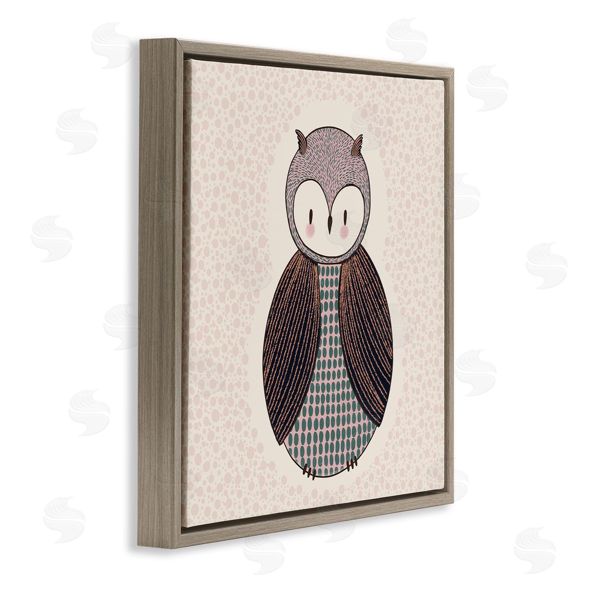 Birgit Maria Kiennast Mixed Patterned Owl Bird Whimsical Spotted Shapes  Brown Floating Frame Canvas Wall Art Print
