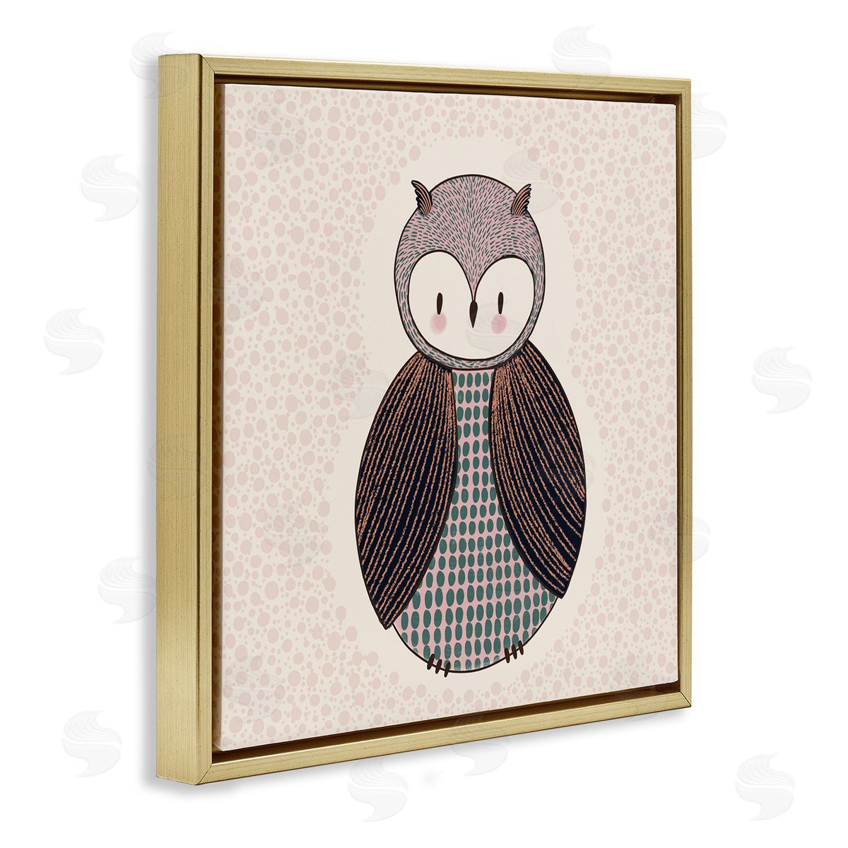 Birgit Maria Kiennast Mixed Patterned Owl Bird Whimsical Spotted Shapes  Gold Floating Frame Canvas Wall Art Print