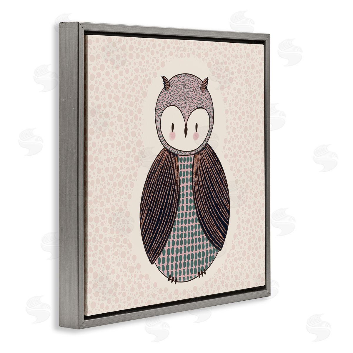 Birgit Maria Kiennast Mixed Patterned Owl Bird Whimsical Spotted Shapes  Gray Floating Frame Canvas Wall Art Print