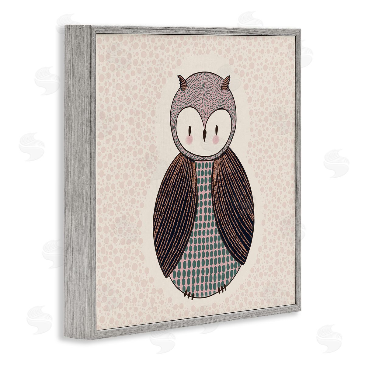 Birgit Maria Kiennast Mixed Patterned Owl Bird Whimsical Spotted Shapes  Gray Framed Glicee Wall Art Print