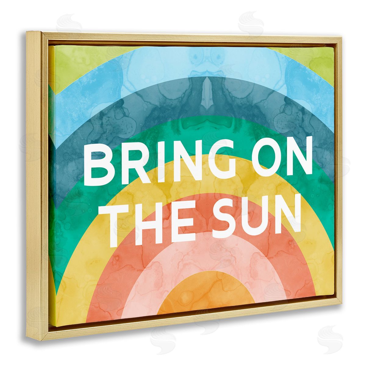 Stupell Studio Bring On The Sun Typography Rainbow Watercolor Detail  Gold Floating Frame Canvas Wall Art Print