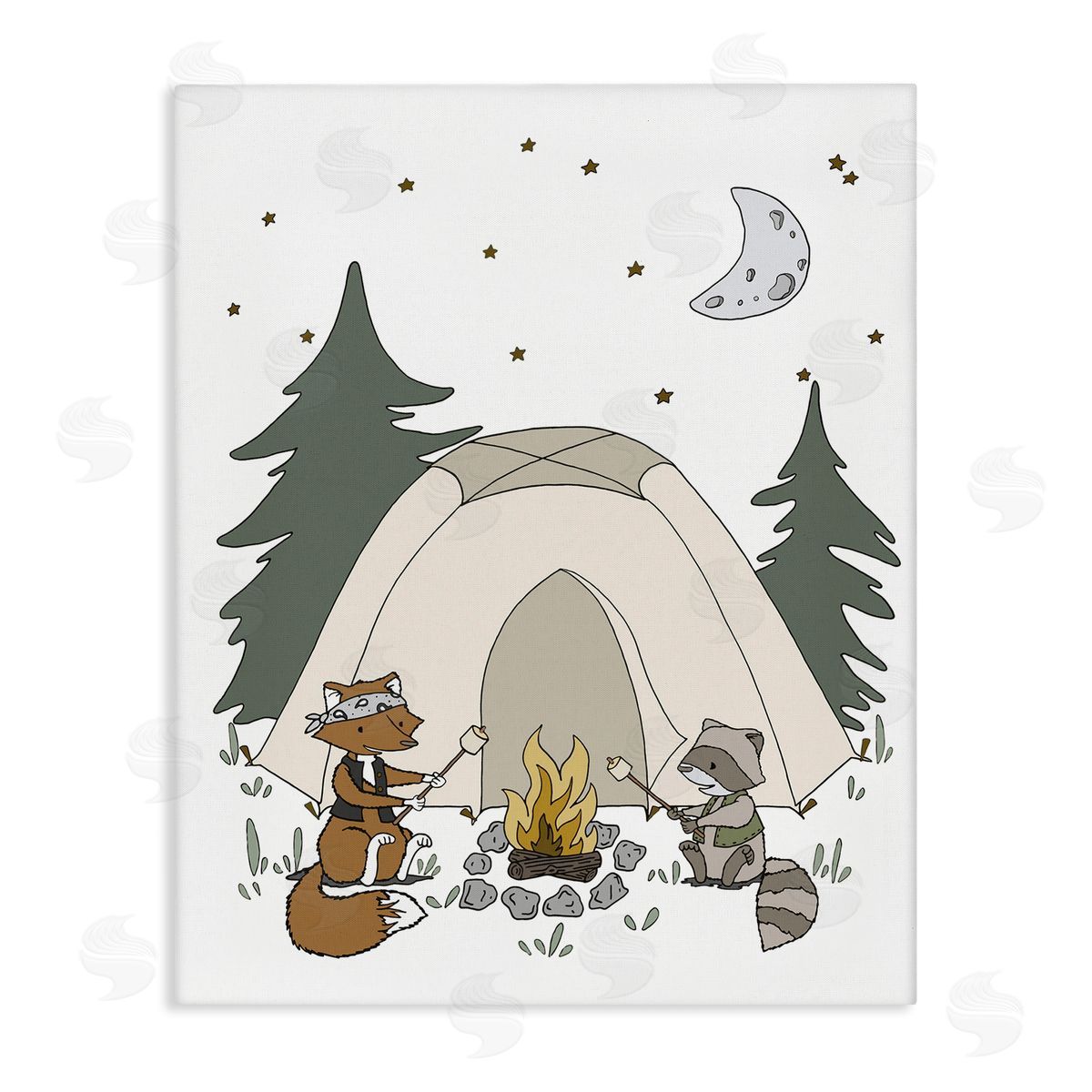 Sweet Melodys Woodland Animals Camping Nature Tent Roasting Marshmallows  Stretched Canvas Wall Art Print
