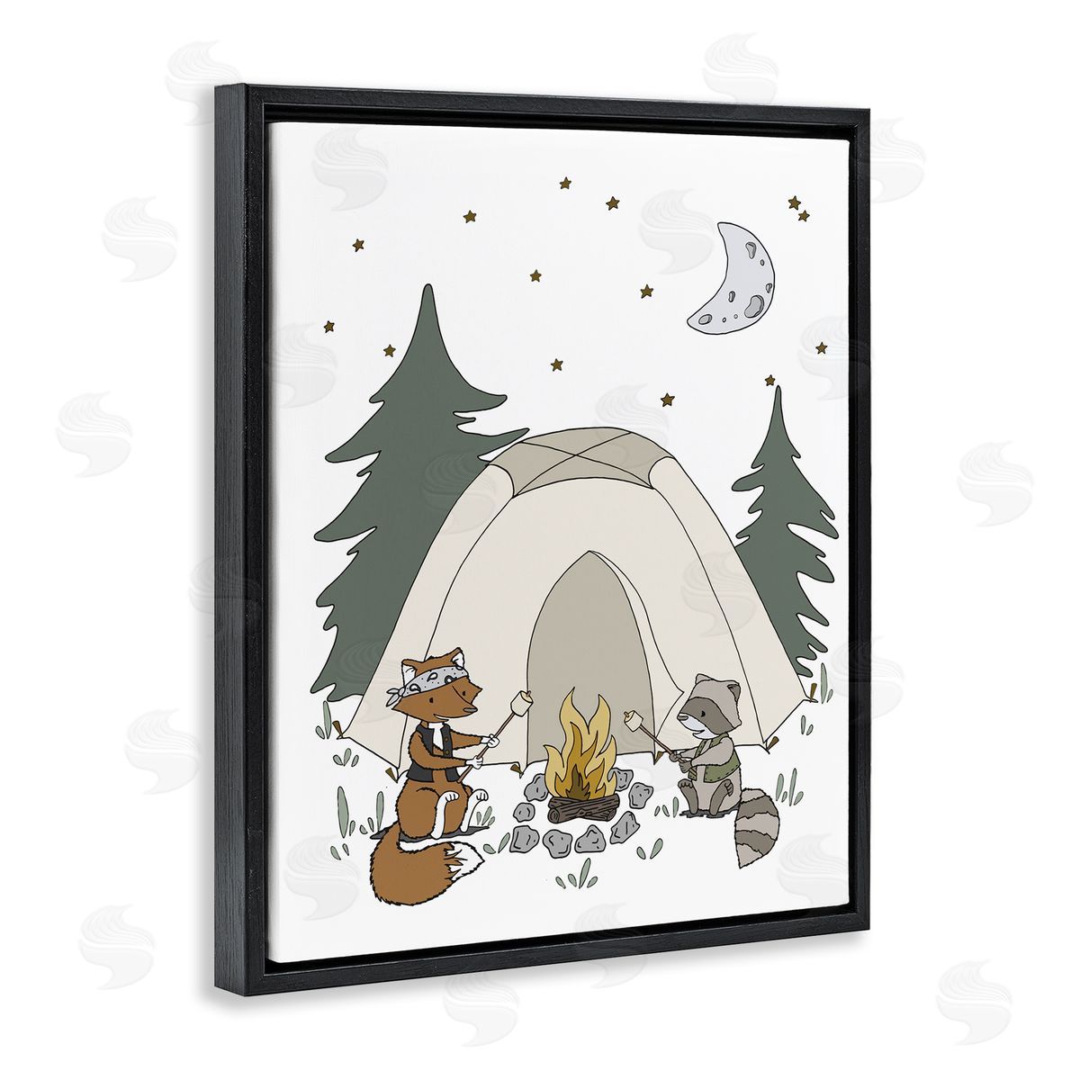 Sweet Melodys Woodland Animals Camping Nature Tent Roasting Marshmallows  Black Floating Frame Canvas Wall Art Print