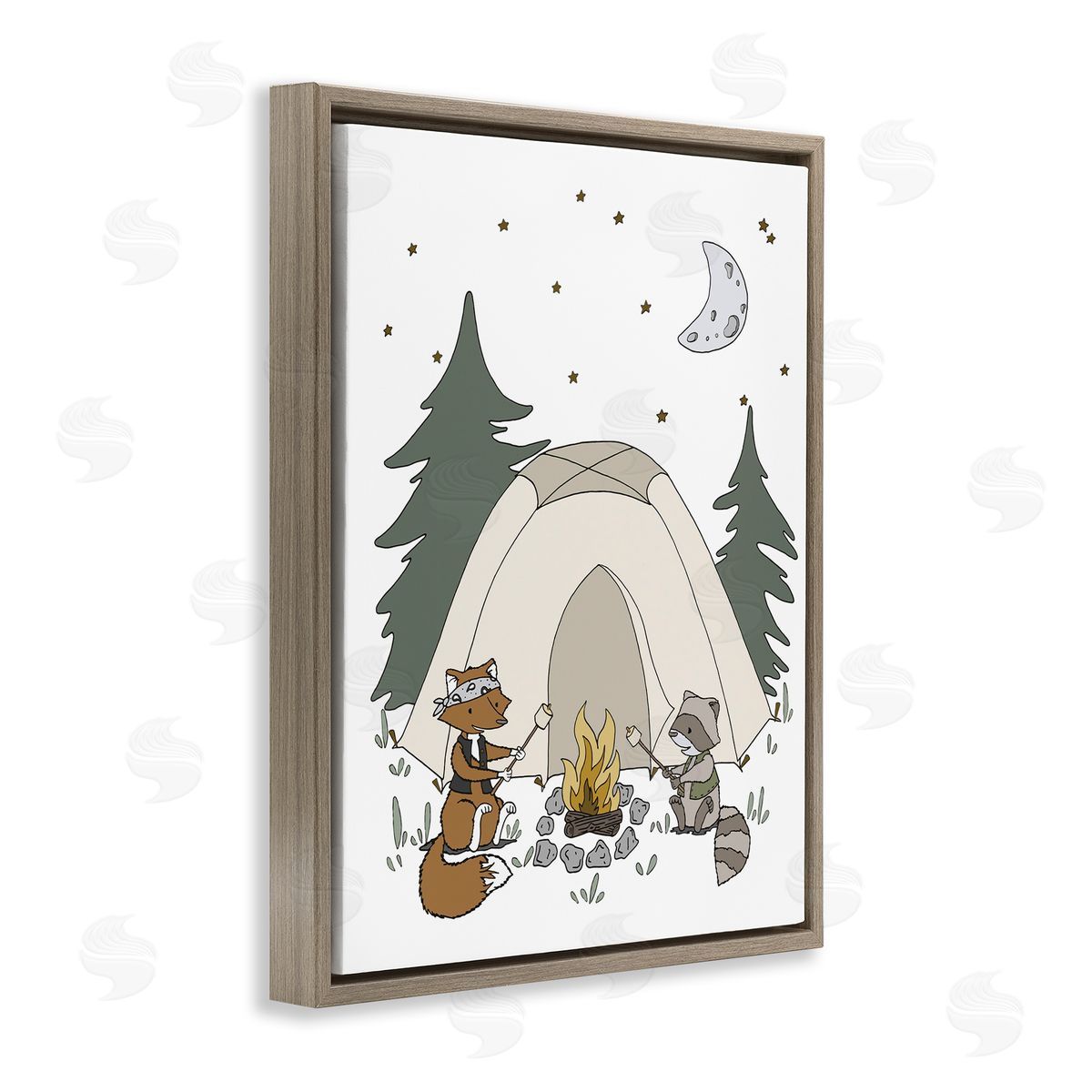 Sweet Melodys Woodland Animals Camping Nature Tent Roasting Marshmallows  Brown Floating Frame Canvas Wall Art Print