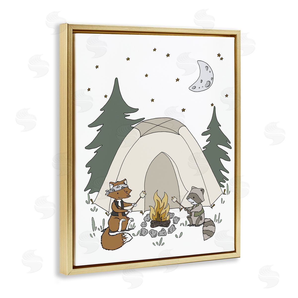 Sweet Melodys Woodland Animals Camping Nature Tent Roasting Marshmallows  Gold Floating Frame Canvas Wall Art Print