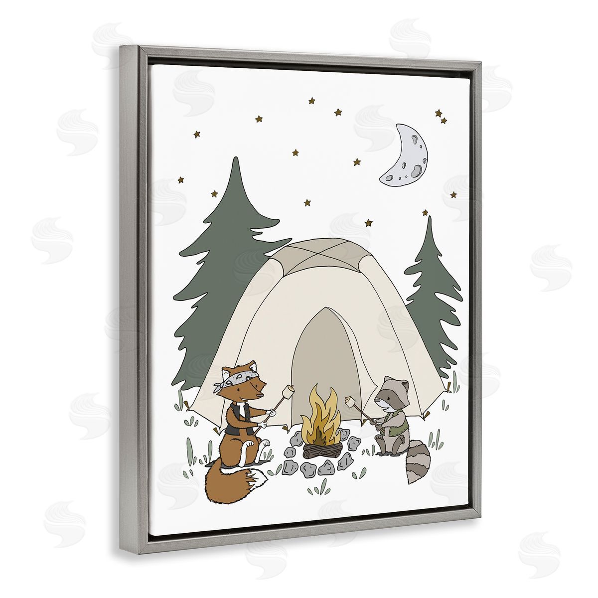 Sweet Melodys Woodland Animals Camping Nature Tent Roasting Marshmallows  Gray Floating Frame Canvas Wall Art Print