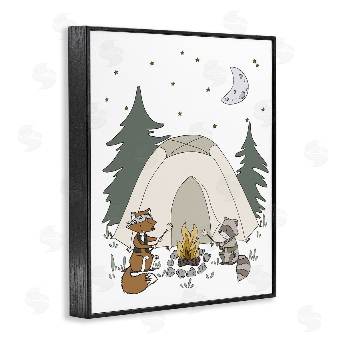 Sweet Melodys Woodland Animals Camping Nature Tent Roasting Marshmallows  Black Framed Giclee Wall Art Print