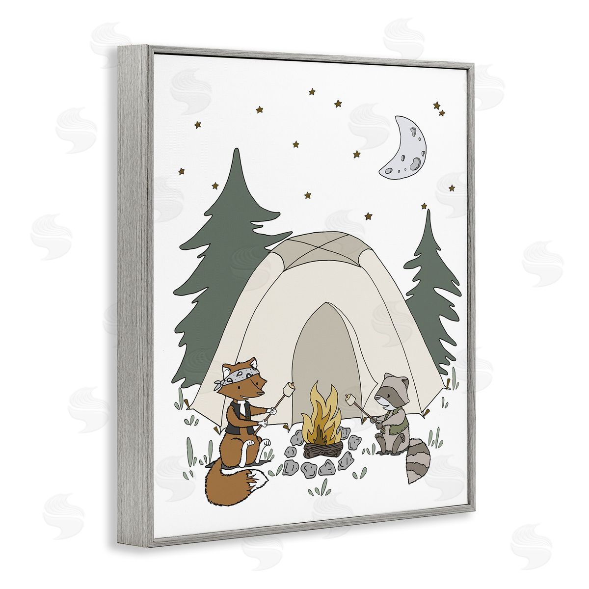 Sweet Melodys Woodland Animals Camping Nature Tent Roasting Marshmallows  Gray Framed Giclee Wall Art Print