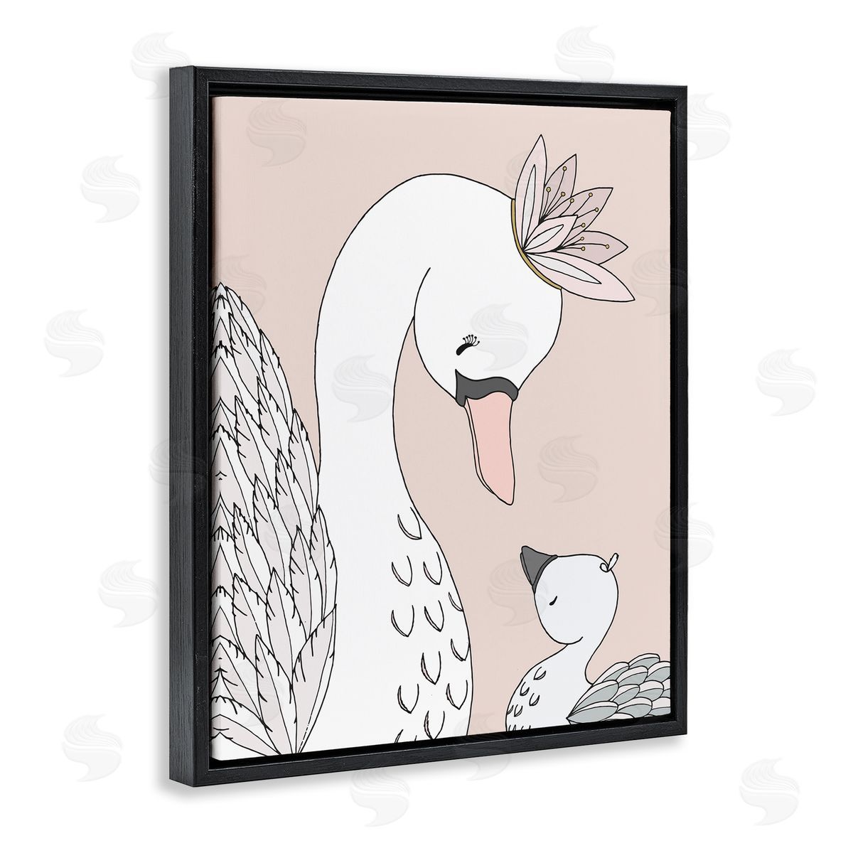 Sweet Melodys Mother & Baby Swan Flower Crowns Princess Animals Black Floating Frame Canvas Wall Art Print
