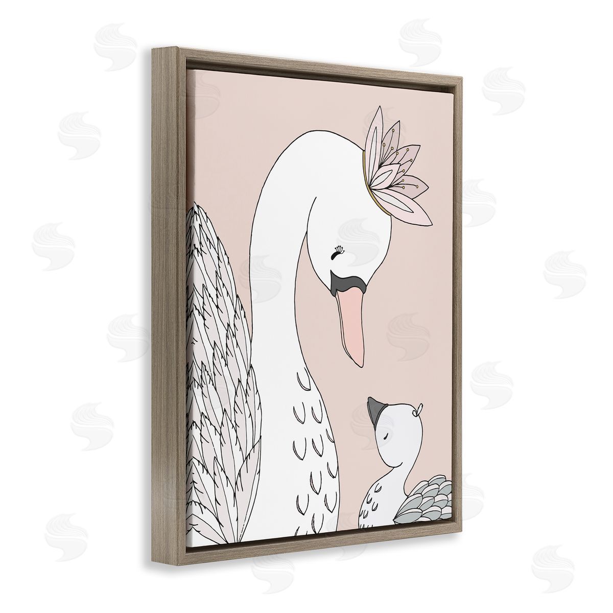Sweet Melodys Mother & Baby Swan Flower Crowns Princess Animals Brown Floating Frame Canvas Wall Art Print