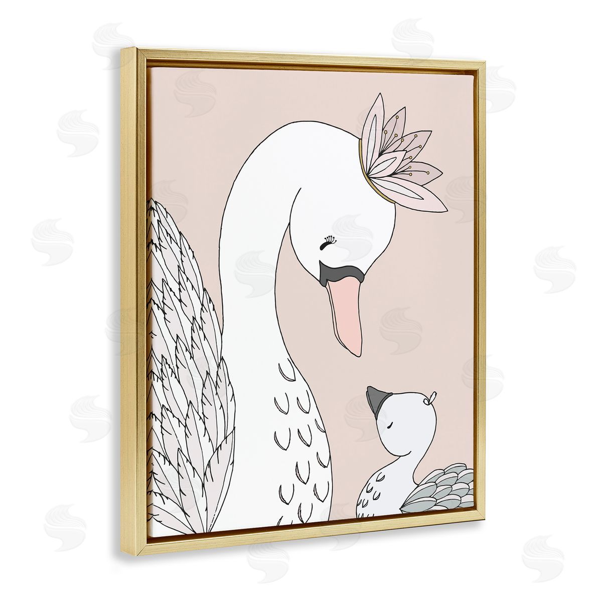 Sweet Melodys Mother & Baby Swan Flower Crowns Princess Animals Gold Floating Frame Canvas Wall Art Print