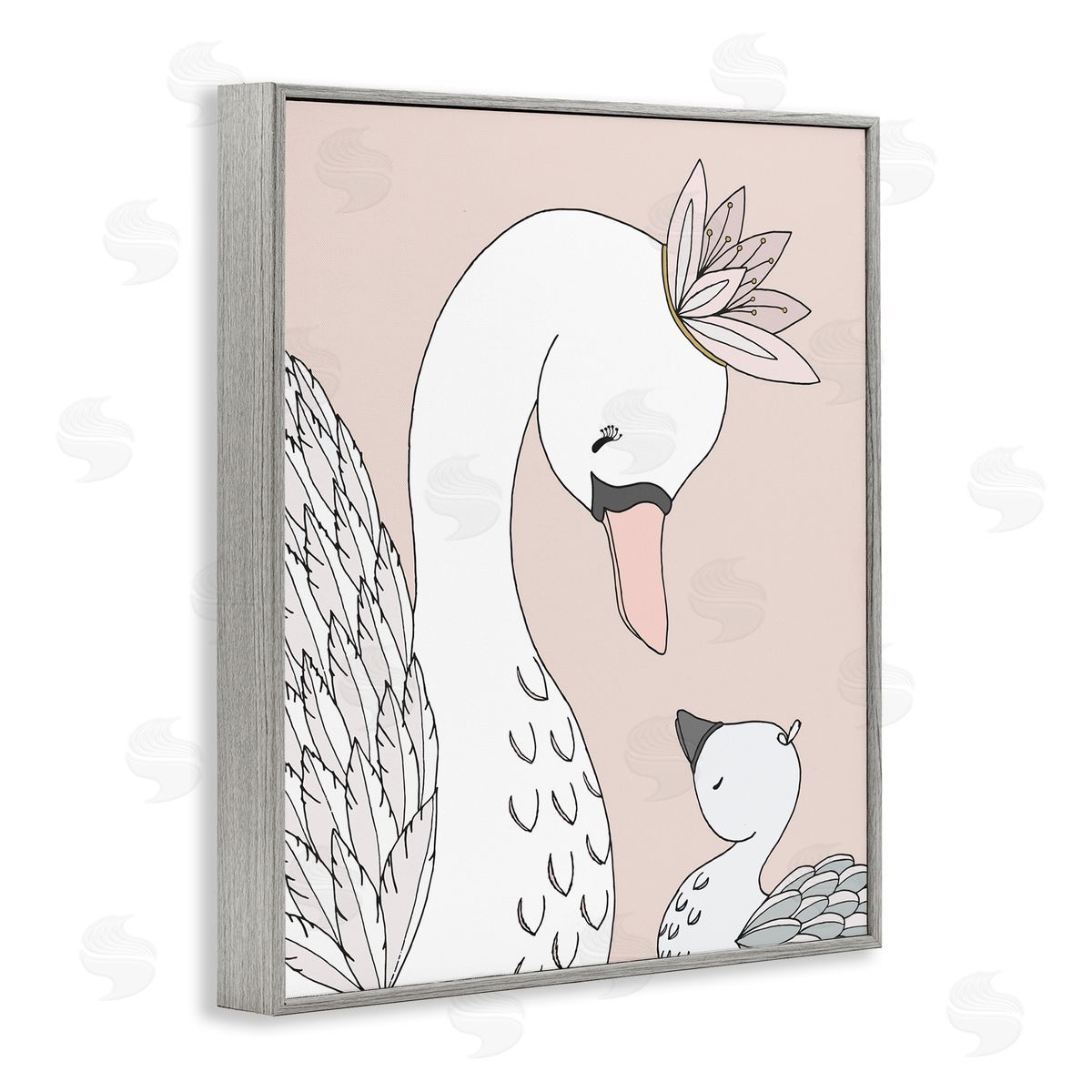 Sweet Melodys Mother & Baby Swan Flower Crowns Princess Animals Gray Framed Giclee Wall Art Print